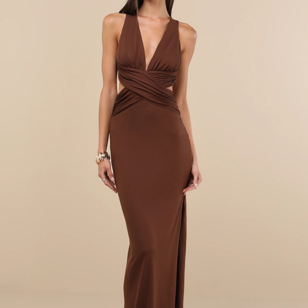 Alexandria Brown Backless Column Maxi Dress